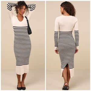 Lulus Cream Black Striped Ribbed Knit Midi Sweater Dress V Neck XS Chic
